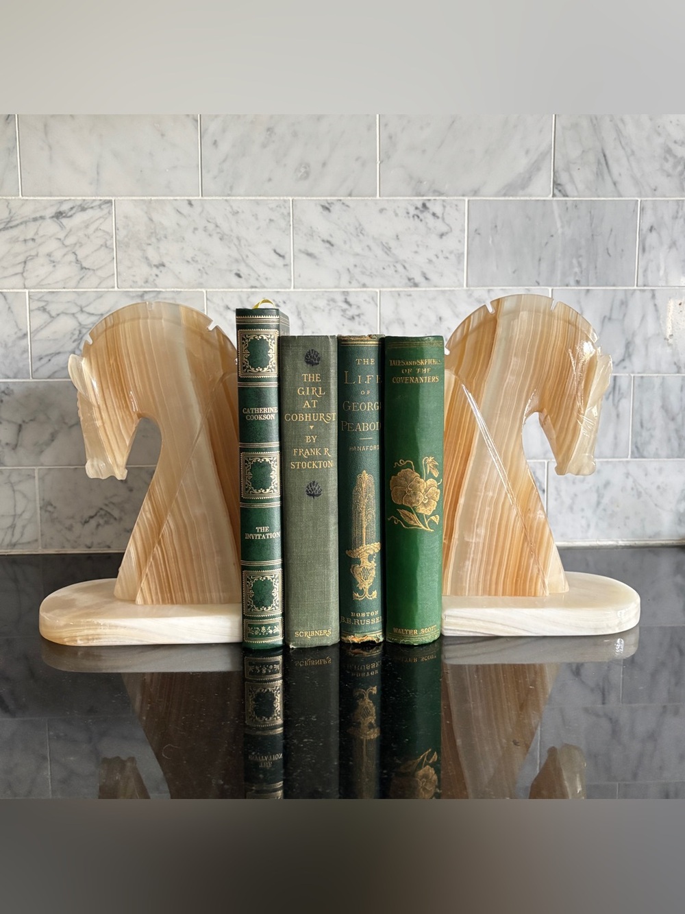 Vintage Pair of 8.5” Onyx Marble Horse Head Bookends